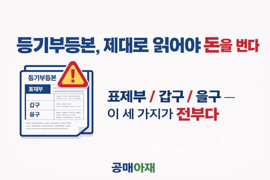 공매에서 등기부등본을 제대로 읽어야 권리순위와 인수 위험을 판단할 수 있다는 점을 설명한 대표 이미지