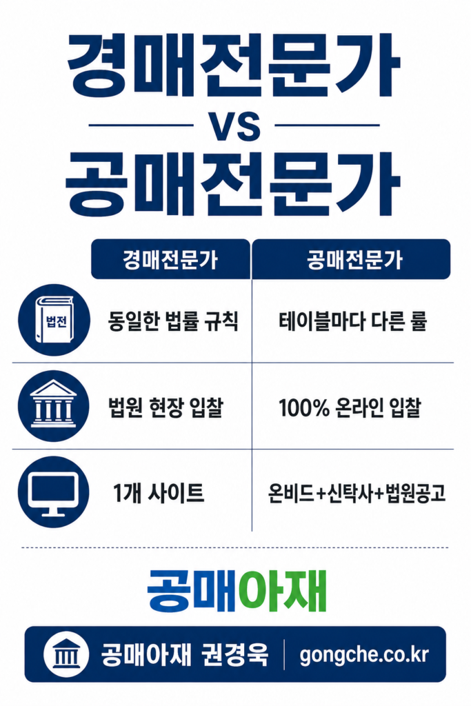 경매전문가와 공매전문가의 차이를 비교한 인포그래픽 이미지로 경매전문가는 정형화된 법원 절차를 중심으로 하고 공매전문가는 공매 유형마다 다른 규칙과 온비드·신탁사·법원공고 등 여러 경로를 함께 확인해야 한다는 내용을 정리한 이미지