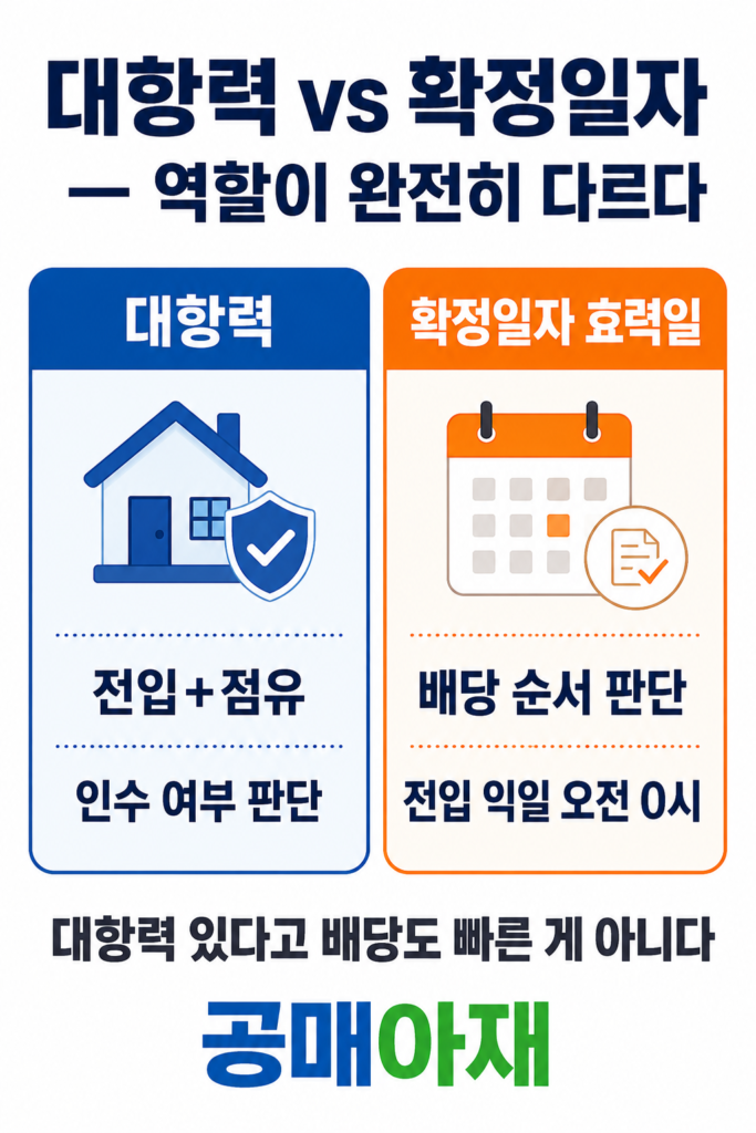 공매에서 대항력과 확정일자의 차이를 비교한 인포그래픽 이미지로, 대항력은 전입과 점유를 기준으로 인수 여부를 판단하고 확정일자 효력일은 배당 순서를 판단한다는 내용을 설명한다