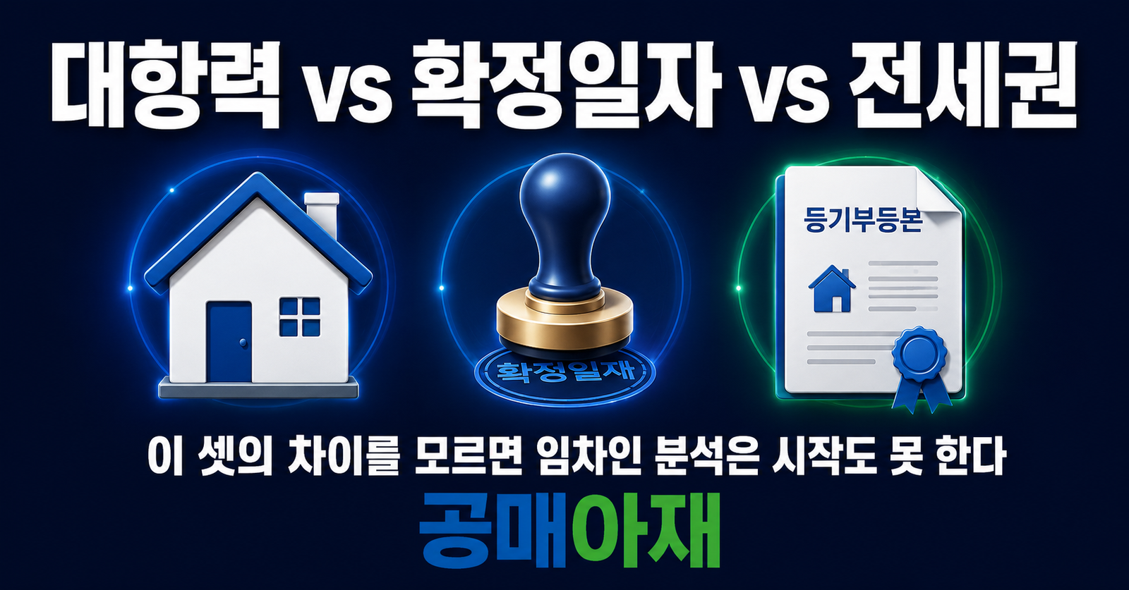 공매 임차인 분석에 필요한 대항력, 확정일자, 전세권의 차이를 설명하는 대표이미지로 집, 도장, 등기서류 아이콘이 배치된 가로형 이미지