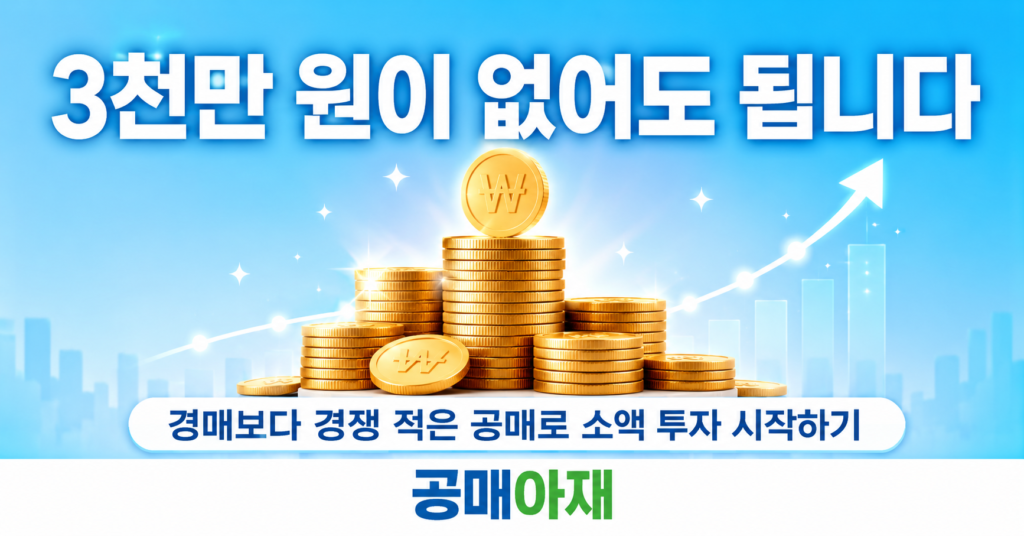 밝은 파란 배경 위에 동전이 쌓여 있고 3천만 원이 없어도 됩니다라는 문구와 경매보다 경쟁 적은 공매로 소액 투자 시작하기라는 메시지가 들어간 공매 대표이미지