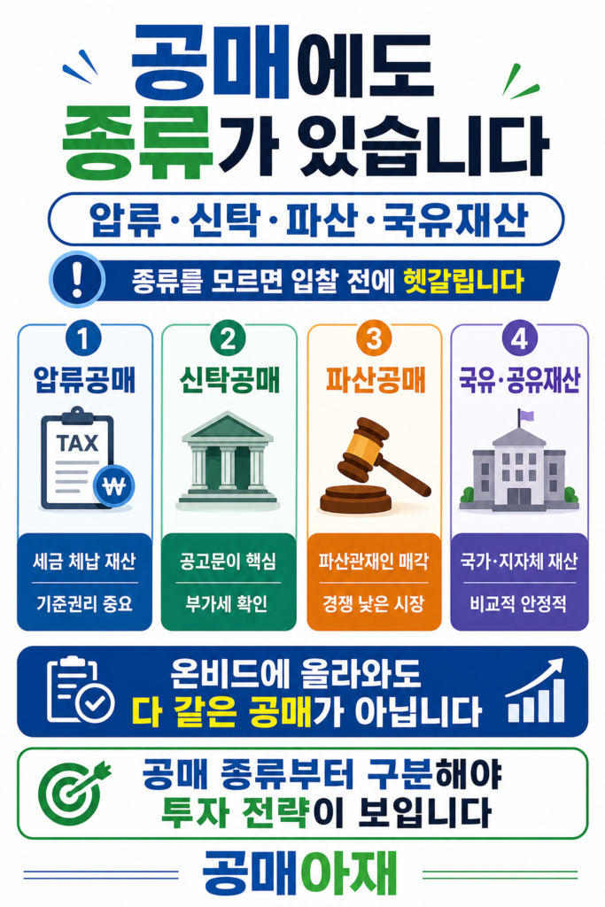 공매의 4가지 종류를 설명하는 세로형 인포그래픽 이미지로 압류공매, 신탁공매, 파산공매, 국유재산 공매의 특징을 각각 비교하고 같아 보여도 완전히 다르다는 메시지를 담고 있다