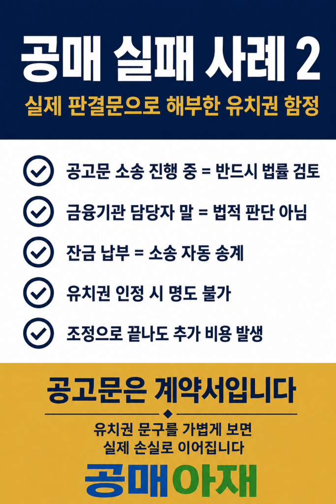 공매 실패 사례 2의 유치권 함정을 정리한 세로형 핀터레스트 이미지로 공고문 소송 진행 중 문구는 반드시 법률 검토가 필요하고 금융기관 담당자 말은 법적 판단이 아니며 잔금 납부 후 소송 승계, 유치권 인정 시 명도 불가, 조정 비용 발생 가능성을 체크리스트로 설명한 이미지