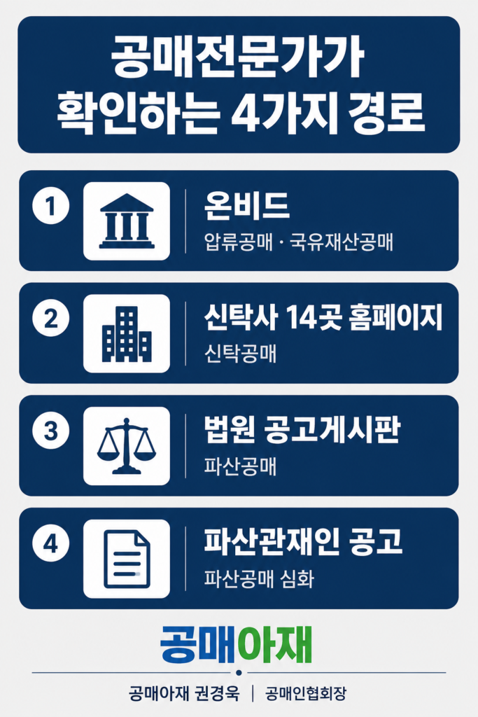 공매전문가가 확인하는 4가지 공매 물건 경로를 정리한 세로형 인포그래픽 이미지로 온비드, 신탁사 14곳 홈페이지, 법원 공고게시판, 파산관재인 공고를 통해 압류공매와 국유재산공매, 신탁공매, 파산공매를 확인하는 방법을 설명한 이미지