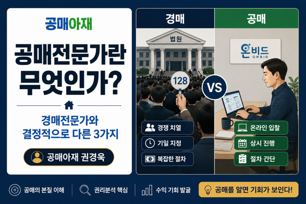 공매전문가란 무엇인지 설명하는 블로그 대표이미지로 경매전문가와 공매전문가의 차이를 법원경매와 온비드 공매 장면으로 비교하고 공매의 본질 이해, 권리분석 핵심, 수익 기회 발굴을 강조한 인포그래픽 이미지