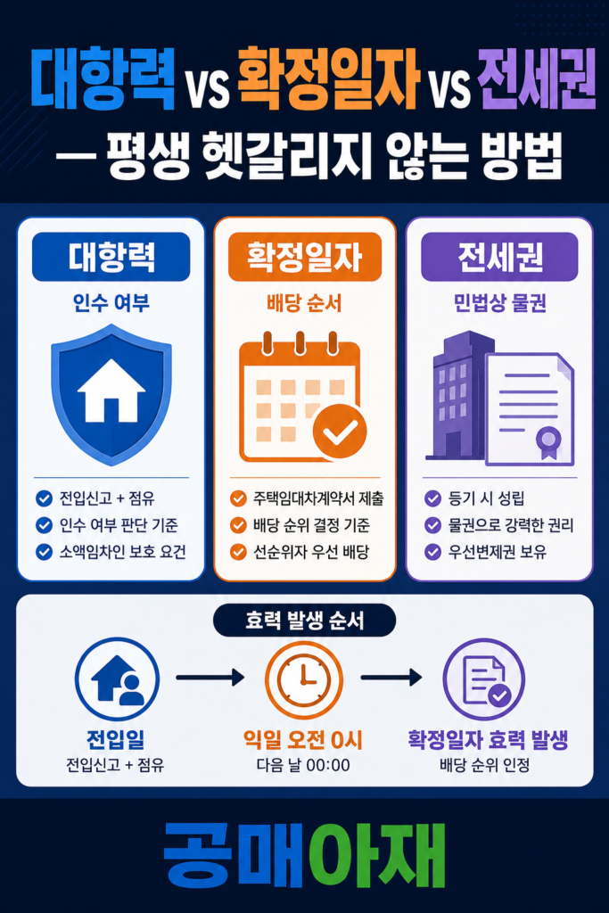 대항력, 확정일자, 전세권의 차이를 비교한 세로형 인포그래픽 이미지로 대항력은 인수 여부, 확정일자는 배당 순서, 전세권은 민법상 물권이라는 핵심 차이와 전입일 다음 날 오전 0시 이후 확정일자 효력이 발생하는 흐름을 함께 설명한 이미지