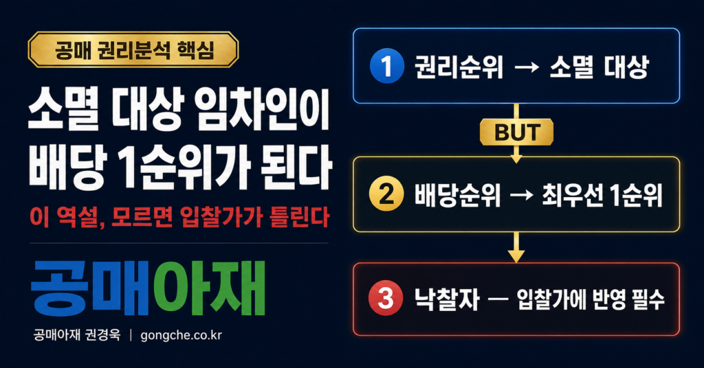 소멸 대상 임차인이 배당 1순위가 될 수 있음을 설명하는 공매 권리분석 인포그래픽 이미지