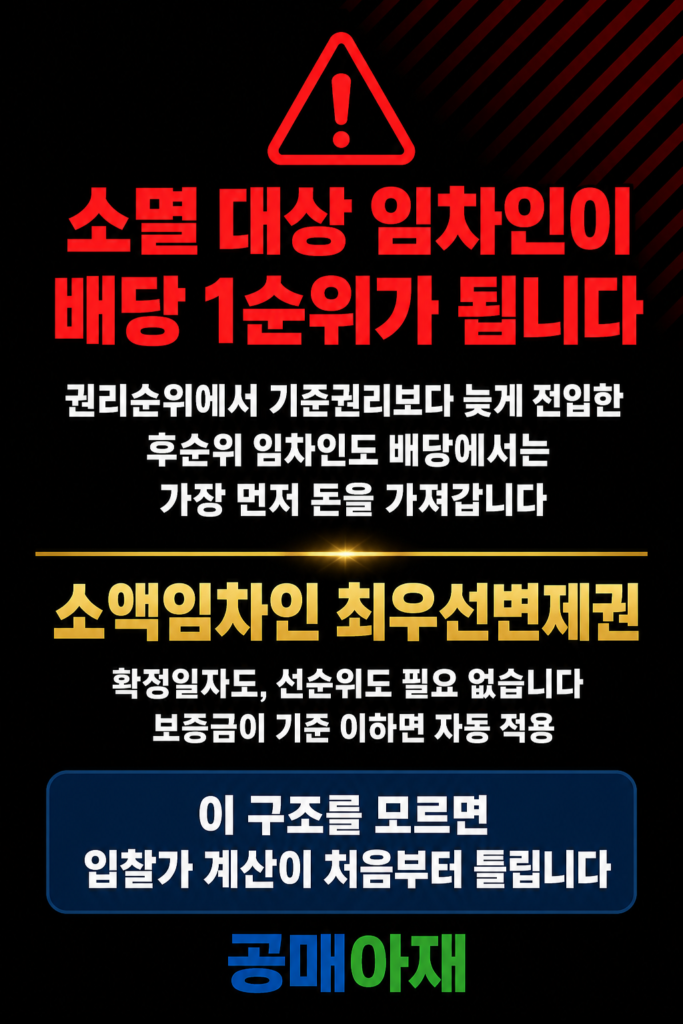 소멸 대상 임차인이 배당 1순위가 될 수 있다는 점을 설명하는 세로형 인포그래픽 이미지로, 후순위 임차인도 소액임차인 최우선변제권에 따라 먼저 배당받을 수 있으며 이를 모르면 입찰가 계산이 틀릴 수 있다는 내용을 담고 있다