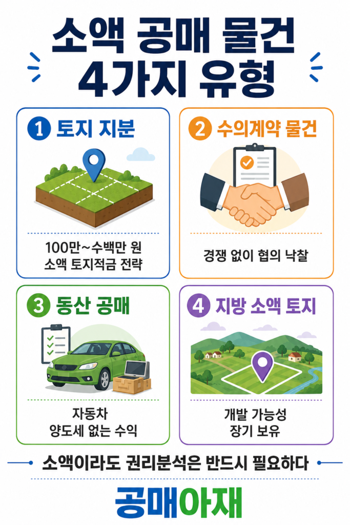 소액 공매 물건 4가지 유형과 특징을 정리한 인포그래픽 이미지