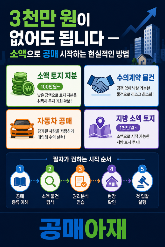 3천만 원이 없어도 소액으로 공매를 시작하는 현실적인 방법을 설명하는 세로형 인포그래픽 이미지로 소액 토지 지분, 수의계약 물건, 자동차 공매, 지방 소액 토지 등 네 가지 투자 선택지와 공매 종류 이해, 소액 물건 탐색, 권리분석 연습, 현장 확인, 첫 입찰 실행 순서를 정리한 이미지