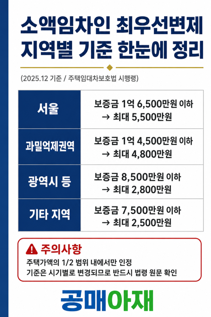 소액임차인 최우선변제의 지역별 기준을 정리한 세로형 인포그래픽 이미지로 서울, 과밀억제권역, 광역시 등, 기타 지역의 보증금 기준과 최우선변제액을 표로 안내하고 주택가액의 2분의 1 범위 내에서만 인정된다는 주의사항을 함께 담고 있다