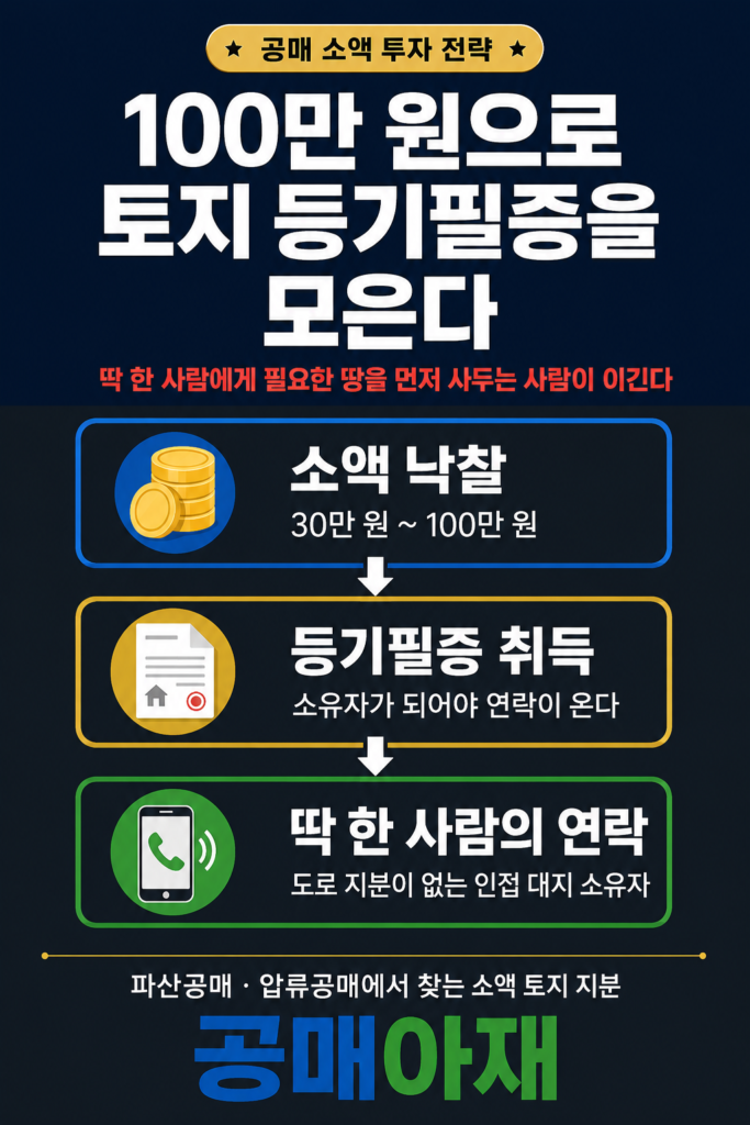 소액토지적금 전략을 설명하는 세로형 인포그래픽 이미지로 100만 원으로 토지 등기필증을 모은다는 메시지와 함께 소액 낙찰, 등기필증 취득, 딱 한 사람의 연락이라는 흐름을 단계별로 보여준다