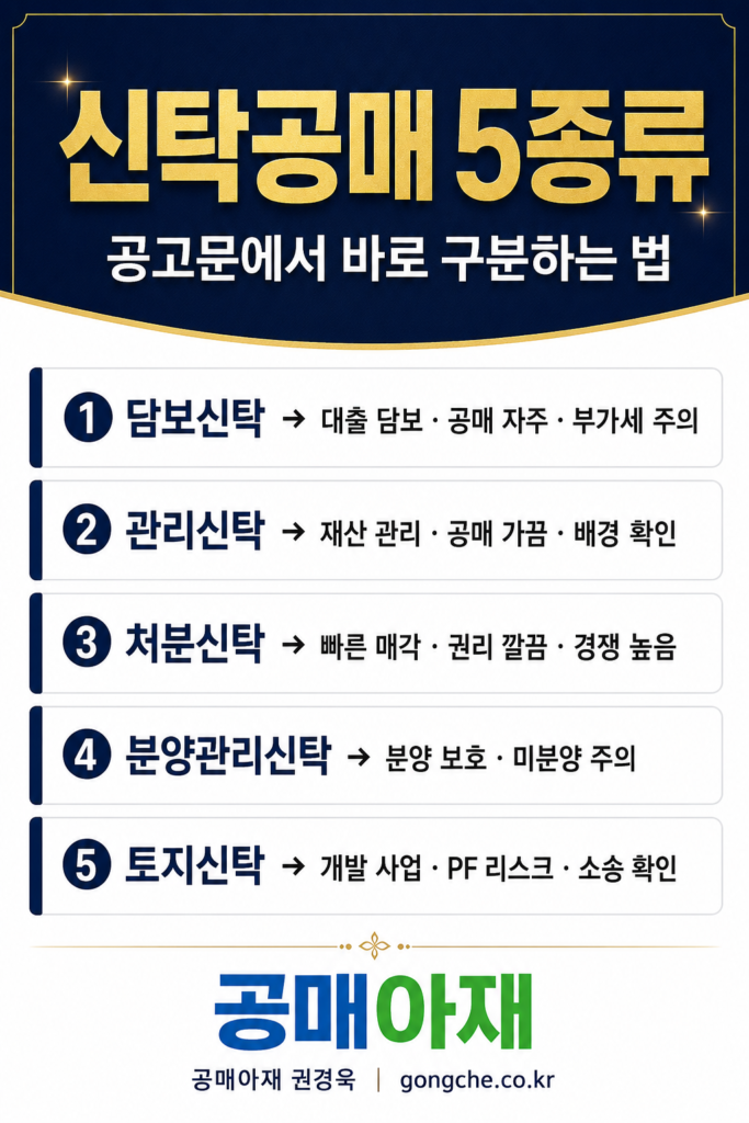 신탁공매 5종류를 공고문에서 바로 구분하는 법을 정리한 세로형 핀터레스트 카드 이미지로 담보신탁, 관리신탁, 처분신탁, 분양관리신탁, 토지신탁의 핵심 특징과 투자자 주의사항을 간단한 요약 카드 형식으로 정리한 이미지