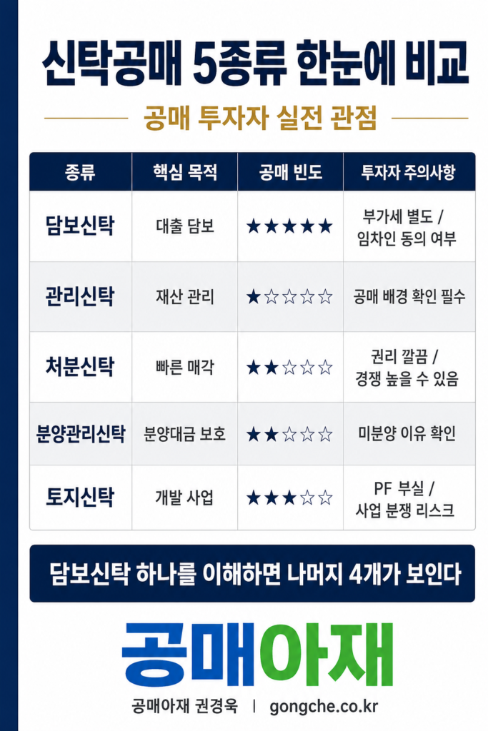 신탁공매 5종류를 공매 투자자 관점에서 비교한 세로형 인포그래픽 이미지로 담보신탁, 관리신탁, 처분신탁, 분양관리신탁, 토지신탁의 핵심 목적과 공매 빈도, 투자자 주의사항을 표로 정리한 이미지