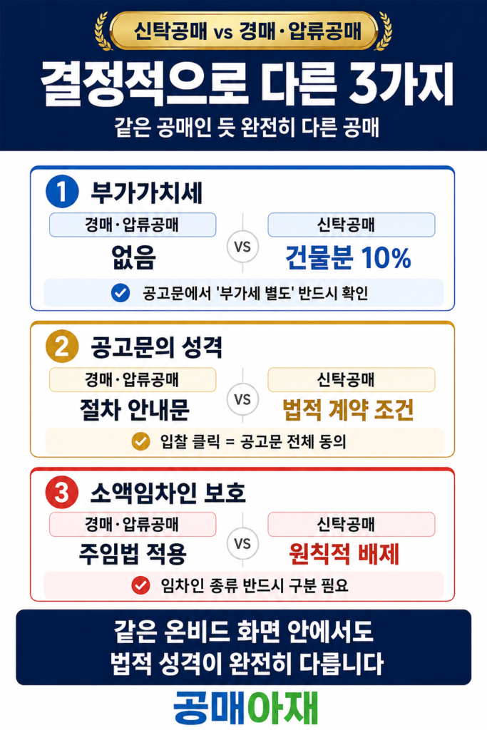신탁공매와 경매·압류공매의 차이를 부가세, 공고문, 소액임차인 보호 기준으로 비교한 이미지