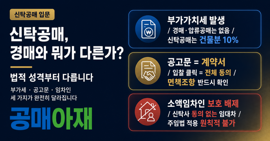 신탁공매와 경매의 차이점을 설명하는 가로형 인포그래픽 이미지로 부가가치세 발생, 공고문이 계약서라는 점, 소액임차인 보호 배제 가능성 등 신탁공매의 핵심 특징을 정리한 대표이미지