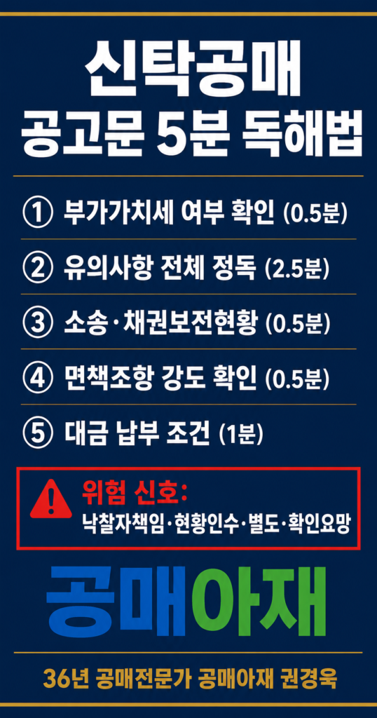 신탁공매 공고문 5분 독해법을 정리한 세로형 핀터레스트 인포그래픽 이미지로, 부가가치세 여부, 유의사항 정독, 소송·채권보전현황, 면책조항 강도, 대금 납부 조건을 순서대로 확인하고 낙찰자책임·현황인수·별도·확인요망 문구를 위험 신호로 강조한 이미지