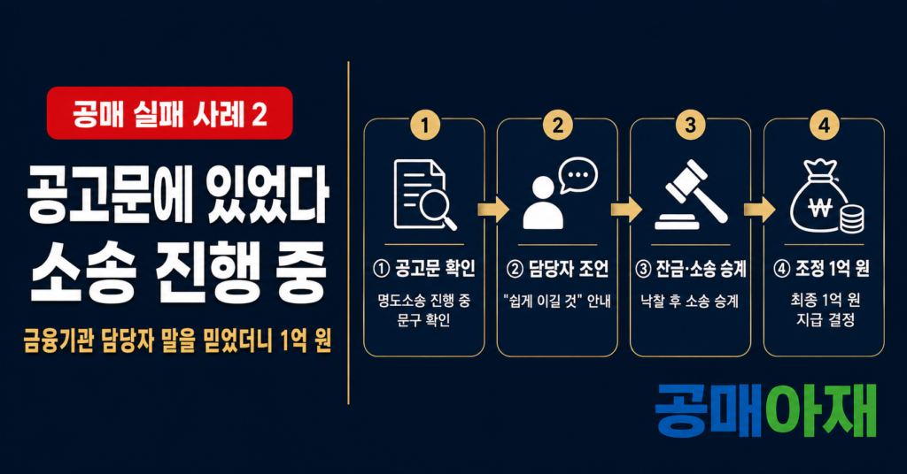 신탁공매 실패 사례 2를 설명하는 가로형 인포그래픽 이미지로 공고문에 소송 진행 중 문구가 있었고 담당자 조언을 믿은 뒤 잔금 납부와 소송 승계를 거쳐 최종 조정으로 1억 원을 지급하게 된 흐름을 타임라인으로 정리한 이미지