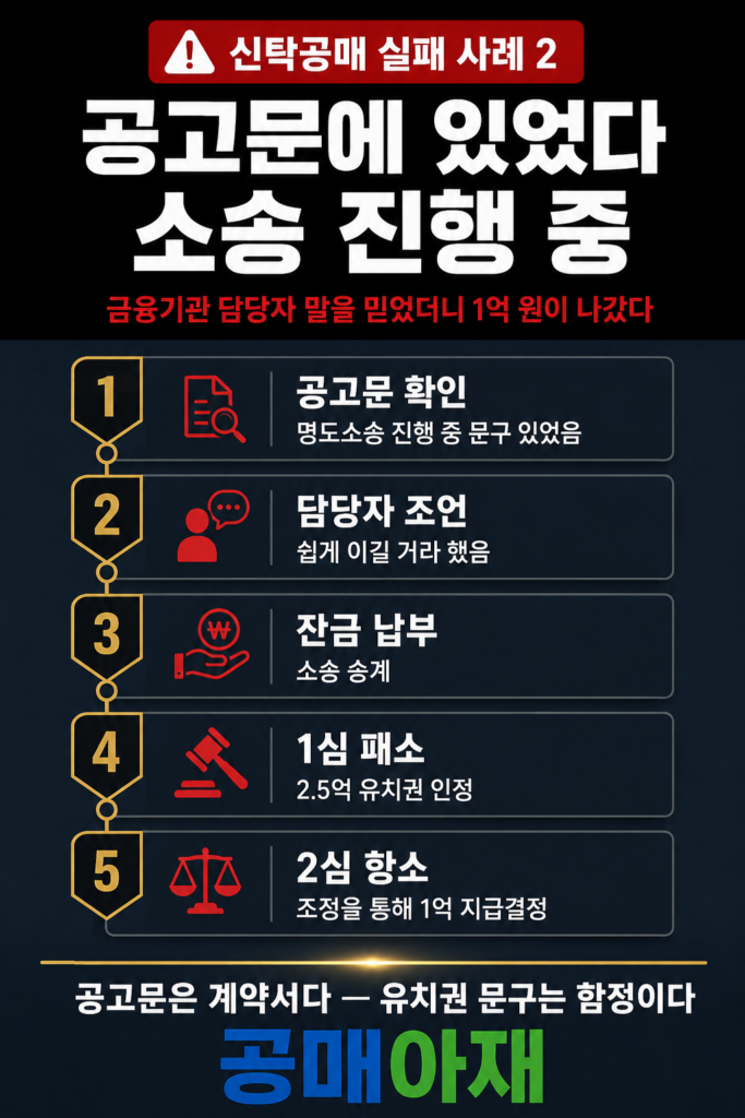 신탁공매 실패 사례 2를 설명하는 세로형 인포그래픽 이미지로 공고문에 명도소송 진행 중 문구가 있었고 금융기관 담당자 말을 믿고 잔금을 납부한 뒤 소송을 승계하여 1심 패소, 2심 조정을 통해 1억 원을 지급하게 된 유치권 위험 사례를 정리한 이미지