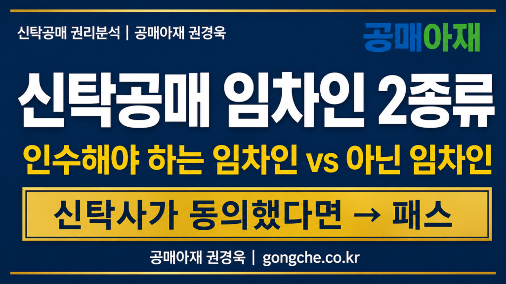 신탁공매 임차인 2종류를 설명하는 블로그 대표이미지로 인수해야 하는 임차인과 인수하지 않아도 되는 임차인을 비교하고 신탁사의 동의 여부가 신탁공매 권리분석의 핵심 기준임을 강조한 네이비와 골드 색상의 인포그래픽 이미지