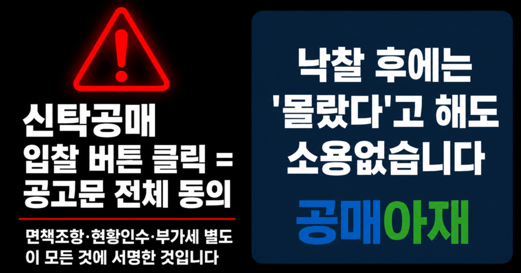 신탁공매에서 입찰 버튼을 클릭하는 것은 공고문 전체에 동의하는 것이라는 점을 경고하는 가로형 이미지로, 면책조항·현황인수·부가세 별도 조건까지 모두 동의한 것으로 보며 낙찰 후에는 몰랐다고 해도 소용없다는 메시지를 담고 있다.