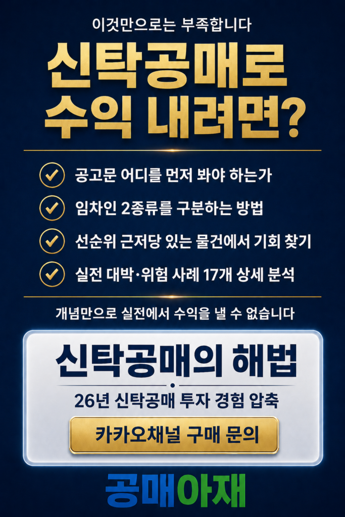 신탁공매로 수익을 내기 위해 공고문 확인, 임차인 2종류 구분, 선순위 근저당 물건의 기회 찾기, 실전 대박·위험 사례 17개 분석이 필요하다는 내용을 안내하고 신탁공매의 해법 전자책 구매 문의를 유도하는 세로형 CTA 이미지