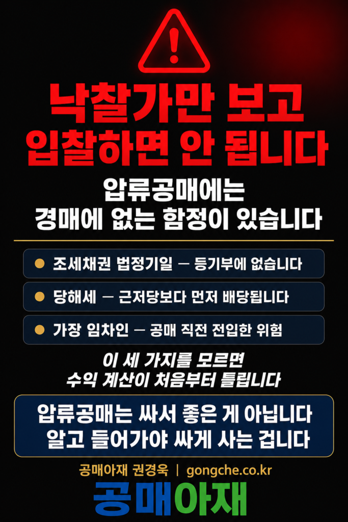 압류공매에서 낙찰가만 보고 입찰하면 안 된다는 점을 경고하는 세로형 이미지로, 조세채권 법정기일, 당해세, 가장 임차인 위험을 모르고 입찰하면 수익 계산이 처음부터 틀릴 수 있다는 내용을 담고 있다