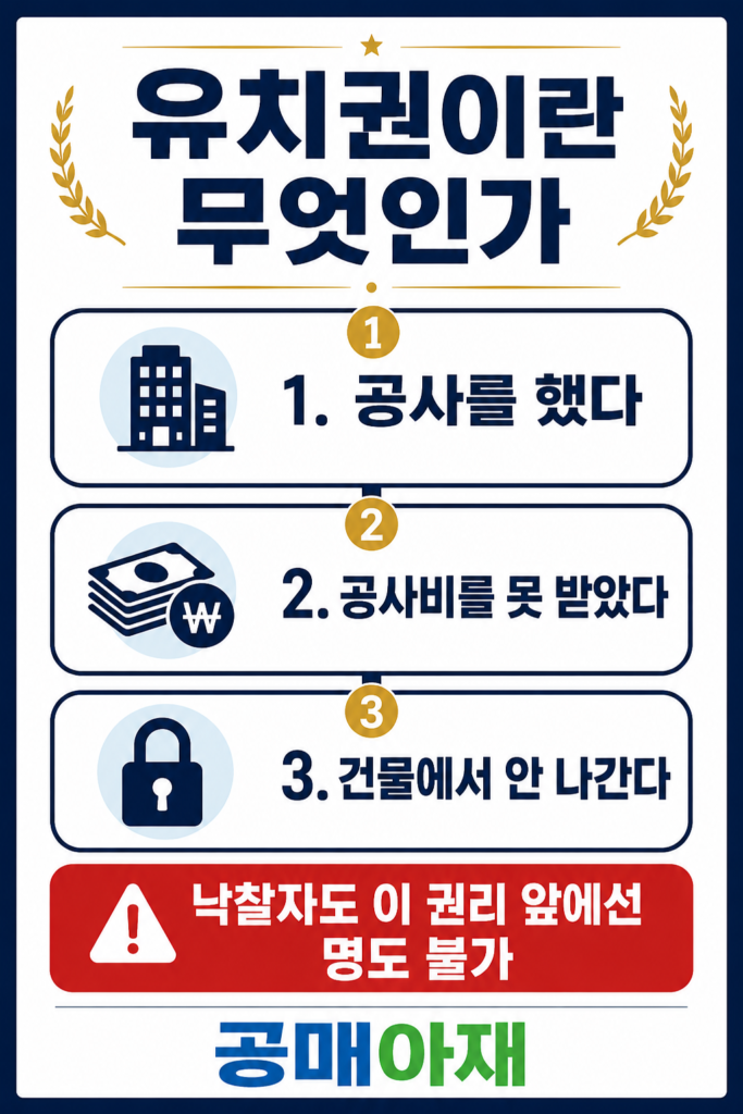 유치권이란 무엇인가를 설명하는 세로형 인포그래픽 이미지로 공사를 했고 공사비를 받지 못했으며 건물에서 나가지 않는다는 세 가지 요건을 단계별로 보여주고 낙찰자도 유치권 앞에서는 명도가 어려울 수 있다는 경고 문구를 담고 있다