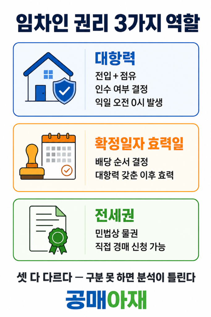 임차인 권리 3가지 역할을 설명하는 세로형 인포그래픽 이미지로 대항력, 확정일자 효력일, 전세권의 개념과 역할 차이를 비교한 이미지