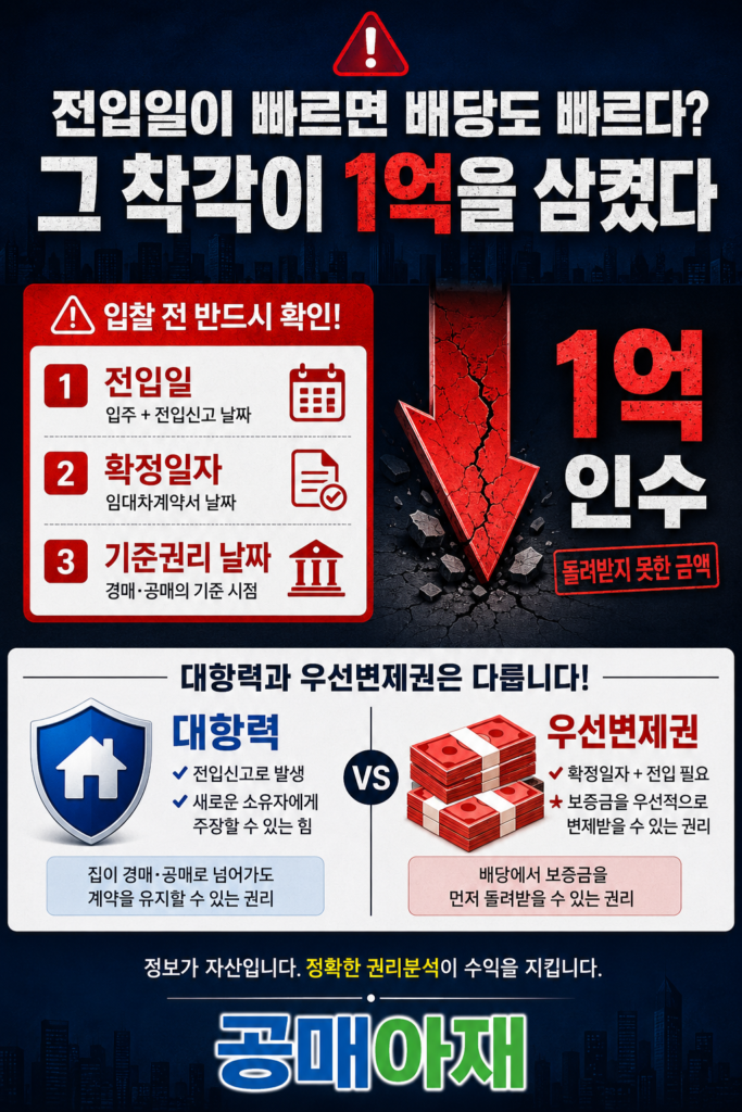 경매 공매 실패 사례 1을 설명하는 세로형 인포그래픽 이미지로 전입일이 빠르면 배당도 빠르다는 착각 때문에 1억 원을 인수하게 된 사례를 보여주며 전입일, 확정일자, 기준권리 날짜 확인과 대항력과 우선변제권의 차이를 강조한 이미지