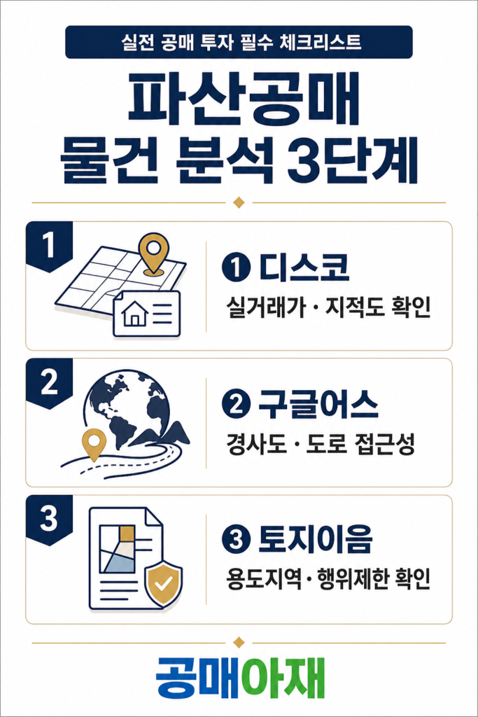 파산공매 물건 분석 3단계를 정리한 세로형 인포그래픽 이미지로 1단계 디스코에서 실거래가와 지적도를 확인하고, 2단계 구글어스에서 경사도와 도로 접근성을 확인하며, 3단계 토지이음에서 용도지역과 행위제한을 확인하는 내용을 담고 있다