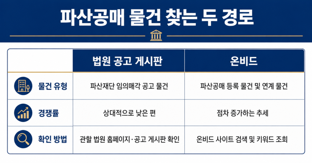 파산공매 물건을 찾는 두 경로를 비교한 표 이미지로 법원 공고 게시판과 온비드를 기준으로 물건 유형, 경쟁률, 확인 방법을 나란히 정리한 인포그래픽