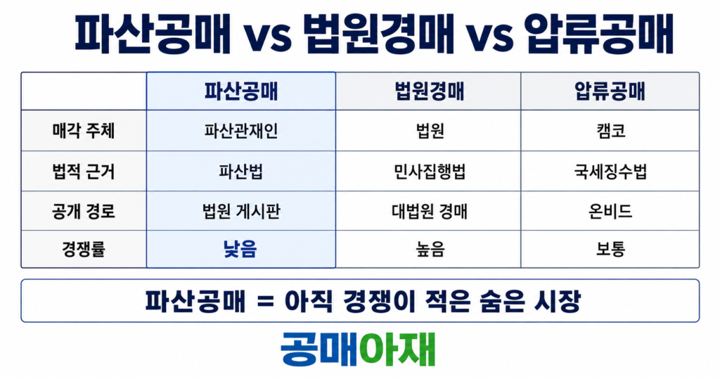 파산공매, 법원경매, 압류공매를 비교한 가로형 인포그래픽 이미지로 매각 주체, 법적 근거, 공개 경로, 경쟁률을 표로 정리하고 파산공매는 아직 경쟁이 적은 숨은 시장이라는 메시지를 담고 있다