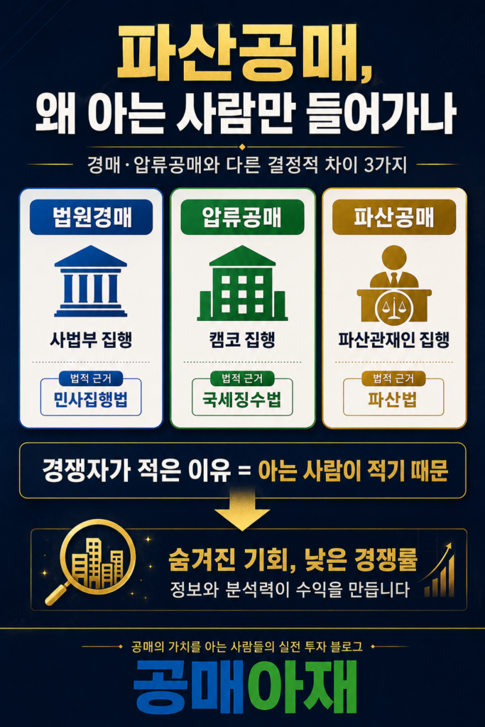 파산공매가 왜 아는 사람만 들어가는 시장인지 설명하는 세로형 인포그래픽 이미지로 법원경매, 압류공매, 파산공매를 각각 사법부 집행, 캠코 집행, 파산관재인 집행으로 비교하고 경쟁자가 적은 이유는 아는 사람이 적기 때문이라는 메시지를 강조한 이미지