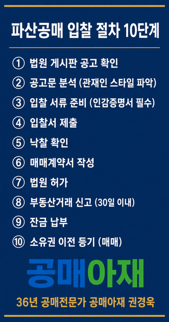 파산공매 입찰 절차 10단계를 정리한 세로형 인포그래픽 이미지로, 법원 게시판 공고 확인부터 공고문 분석, 입찰 서류 준비, 입찰서 제출, 낙찰 확인, 매매계약서 작성, 법원 허가, 부동산거래 신고, 잔금 납부, 소유권 이전 등기까지의 과정을 순서대로 보여주는 이미지