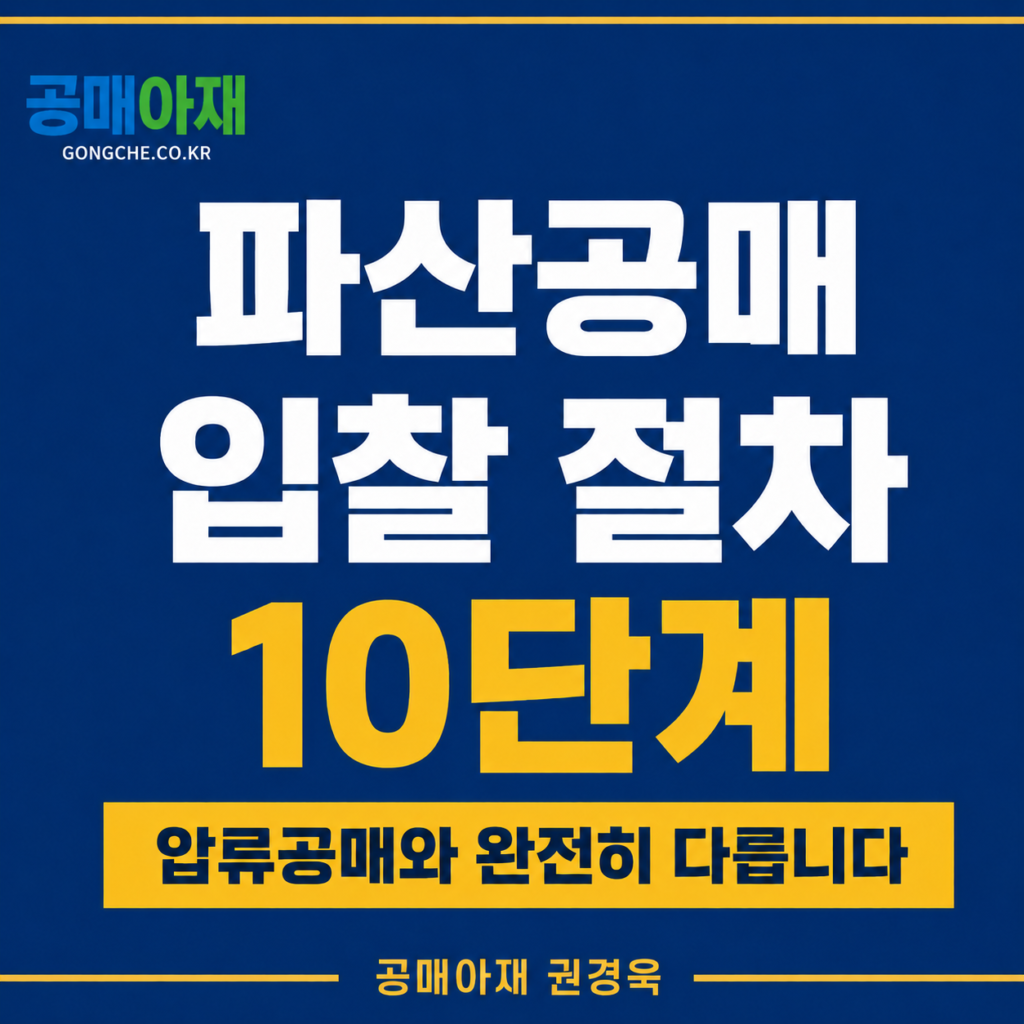 파산공매 입찰 절차 10단계를 설명하는 정사각형 인포그래픽 이미지로, 네이비 배경 위에 ‘파산공매 입찰 절차 10단계’와 ‘압류공매와 완전히 다릅니다’ 문구를 강조한 공매아재 브랜드 썸네일