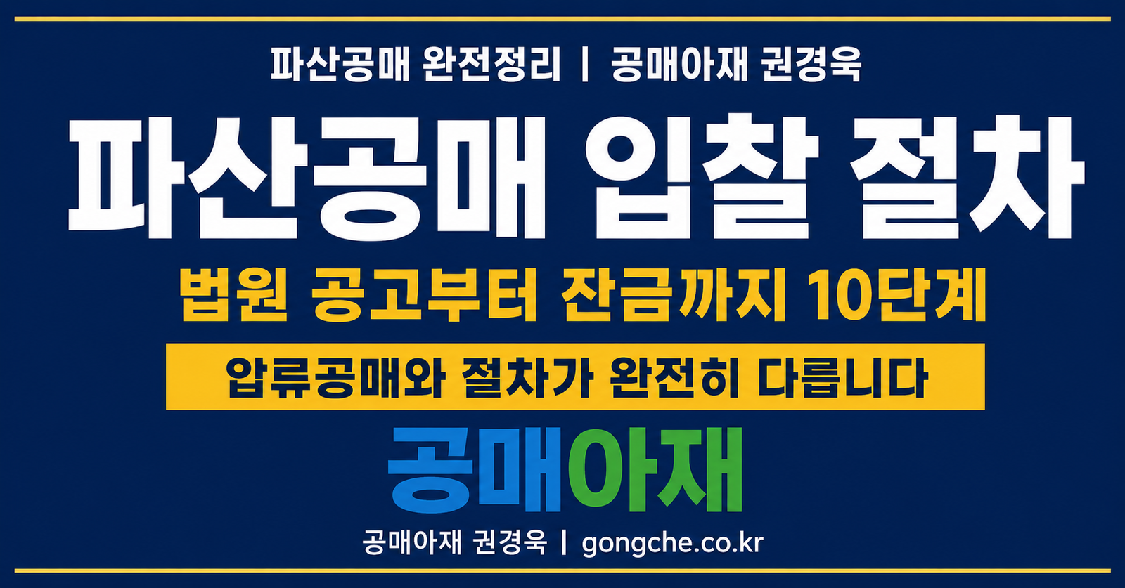 파산공매 입찰 절차를 설명하는 가로형 블로그 대표이미지로 법원 공고부터 잔금까지 10단계 흐름을 강조하고 압류공매와 절차가 완전히 다르다는 점을 안내한 네이비와 골드 색상의 인포그래픽 이미지