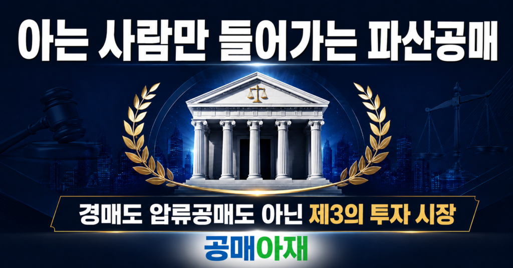 네이비 배경 위에 법원 아이콘이 중앙에 배치되고 아는 사람만 들어가는 파산공매, 경매도 압류공매도 아닌 제3의 투자 시장이라는 문구가 들어간 가로형 대표이미지