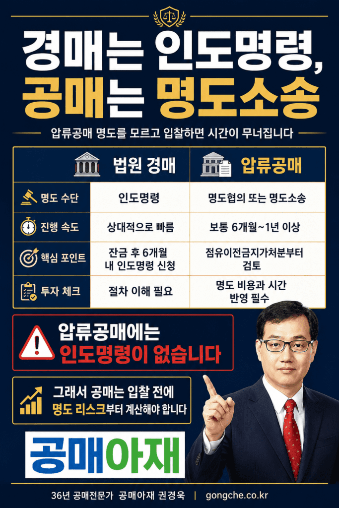 법원 경매와 압류공매의 명도 절차를 비교한 세로형 인포그래픽 이미지로, 법원 경매는 인도명령을 활용하지만 압류공매는 인도명령이 없어 명도협의, 점유이전금지가처분, 명도소송을 검토해야 한다는 내용을 안내합니다.