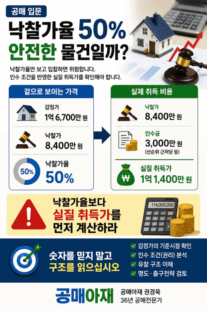 공매 낙찰가율 함정을 설명하는 세로형 인포그래픽으로 낙찰가율 50퍼센트 물건이라도 선순위 근저당 인수금액과 부가가치세를 반영하면 실제 취득가는 훨씬 높아질 수 있다는 내용을 보여주는 이미지