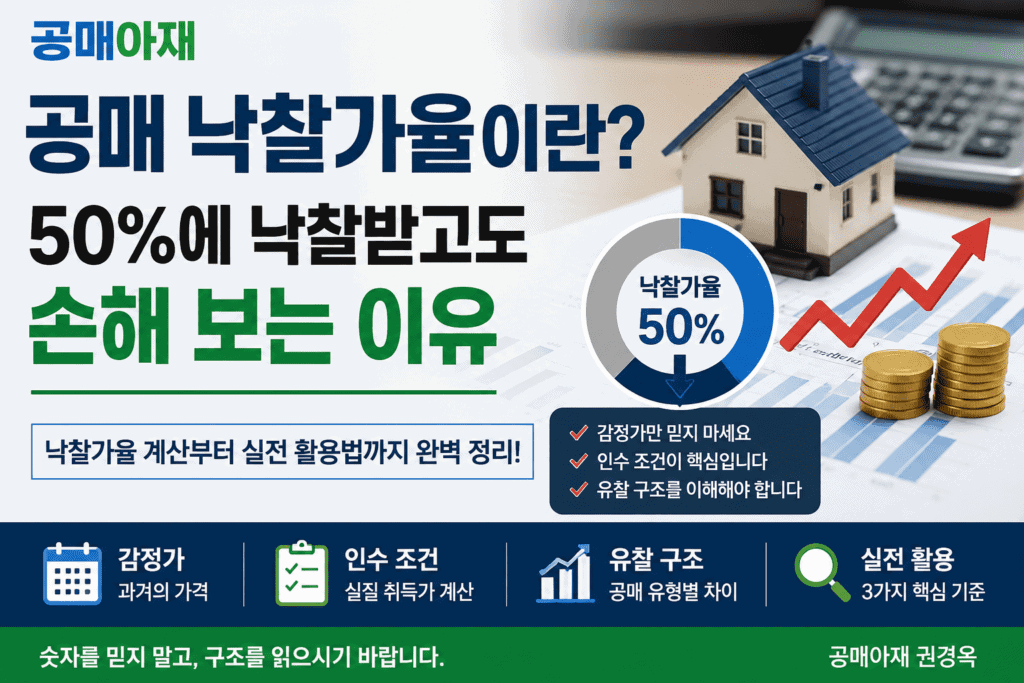 공매 낙찰가율이란 무엇인지 설명하는 대표 이미지로 50퍼센트에 낙찰받아도 감정가, 인수 조건, 유찰 구조를 잘못 보면 손해 볼 수 있다는 내용을 공매아재 권경욱이 설명하는 이미지