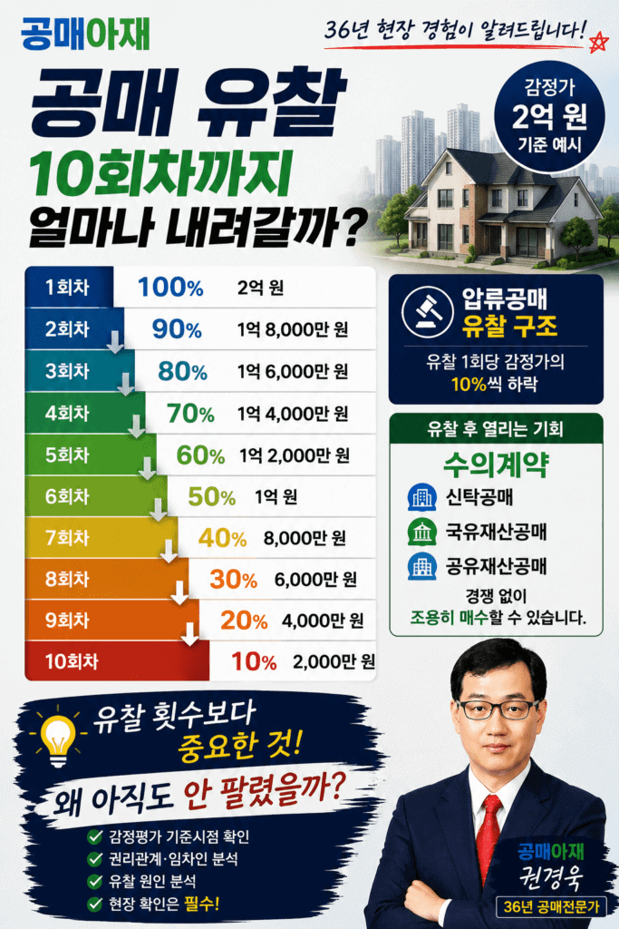 공매 유찰이 반복될수록 최저입찰가가 내려가는 구조를 설명하는 세로형 인포그래픽 이미지. 감정가 2억 원 물건을 기준으로 1회차 100%, 5회차 60%, 6회차 50%, 10회차 10%까지 하락하는 과정과 수의계약 기회, 유찰 원인 분석의 중요성을 공매아재 권경욱이 설명하는 이미지
