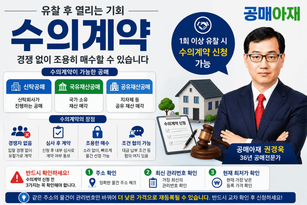 공매 유찰 후 수의계약으로 전환될 수 있는 신탁공매와 국유재산공매의 기회와 주의사항을 설명하는 인포그래픽 이미지