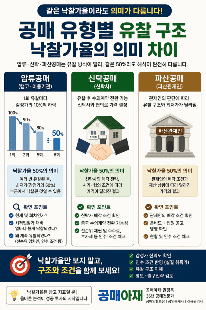 공매 유형별 낙찰가율의 의미 차이를 설명하는 세로형 인포그래픽 이미지로 압류공매, 신탁공매, 파산공매는 유찰 구조와 매각 조건이 달라 같은 낙찰가율 50퍼센트라도 해석이 달라진다는 내용을 정리한 이미지