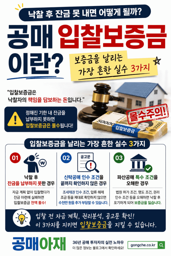 공매 입찰보증금을 날리는 가장 흔한 실수 3가지를 설명하는 인포그래픽