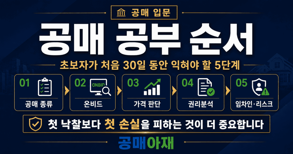 공매 공부 순서 5단계를 정리한 대표 이미지. 공매 종류, 온비드, 가격 판단, 권리분석, 임차인 리스크를 초보자용 로드맵으로 보여줍니다.