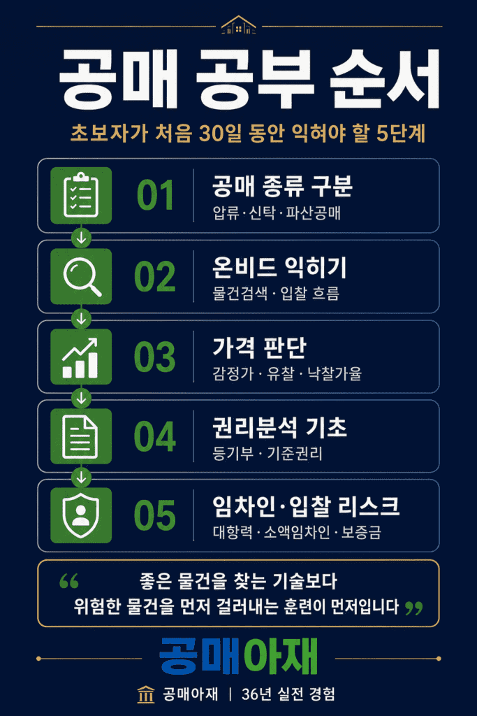 공매 학습 5단계 로드맵 이미지. 공매 종류 이해부터 온비드 활용, 가격 판단, 권리분석, 임차인 리스크 확인까지 순서대로 정리했습니다.