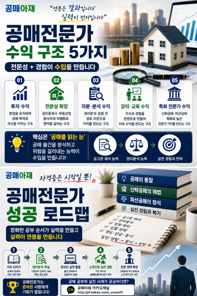 공매전문가 자격증은 시작점일 뿐이며 공매 기초 이해, 권리분석 학습, 온비드 실전 활용, 소액 실전 경험, 신탁공매와 파산공매 전문 영역 확장을 통해 실력이 수입을 만든다는 내용을 설명한 세로형 인포그래픽