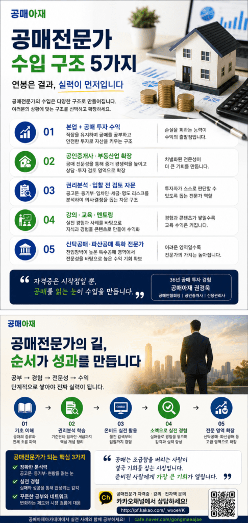 공매전문가 연봉은 고정 급여가 아니라 본업 병행 공매 투자, 부동산업 확장, 권리분석 자문, 강의 교육, 신탁공매와 파산공매 특화 수익 구조로 만들어진다는 내용을 설명한 세로형 인포그래픽
