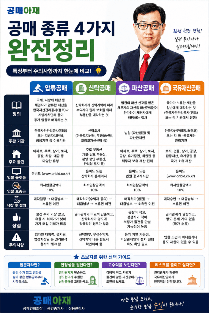 공매 입문자가 압류공매, 신탁공매, 파산공매, 국유재산공매의 차이를 한눈에 비교해 이해할 수 있도록 정리한 인포그래픽 이미지